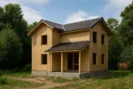 Дом «Н-157», 157 м², 2 этажа, в черновой отделке: коробка из СИП-панелей OSB-3, двускатная кровля из металлочерепицы, проёмы без окон и дверей, в проёмах видны сосновые балки перекрытия