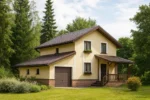 Проект дома «Н-160Б» из СИП-панелей, 160 м² — двухэтажный дом с бежевым фасадом, коричневой крышей и террасой | HotWell.KZ