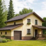 Проект дома «Н-160Б» из СИП-панелей, 160 м² — двухэтажный дом с бежевым фасадом, коричневой крышей и террасой | HotWell.KZ