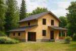 Дом «Н-160Б», 160 м², 1.5 этажа, в черновой отделке: коробка из СИП-панелей OSB-3, двускатная кровля из металлочерепицы, проёмы без окон и дверей, в проёмах видны сосновые балки перекрытия