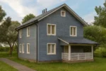 Проект дома «Н-162» из СИП-панелей, 162 м² — двухэтажный дом с синим фасадом, серой крышей и крытой террасой | HotWell.KZ