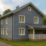 Проект дома «Н-162» из СИП-панелей, 162 м² — двухэтажный дом с синим фасадом, серой крышей и крытой террасой | HotWell.KZ