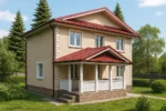 Проект дома «Н-165» из СИП-панелей, 165 м² — двухэтажный дом с бежевым фасадом, красной крышей и крытым крыльцом | HotWell.KZ