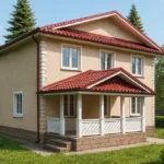 Проект дома «Н-165» из СИП-панелей, 165 м² — двухэтажный дом с бежевым фасадом, красной крышей и крытым крыльцом | HotWell.KZ