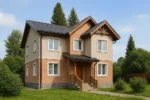 Проект дома «Н-166» из СИП-панелей, 166 м² — двухэтажный дом с бежевым фасадом, коричневой крышей и крыльцом | HotWell.KZ