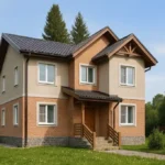 Проект дома «Н-166» из СИП-панелей, 166 м² — двухэтажный дом с бежевым фасадом, коричневой крышей и крыльцом | HotWell.KZ