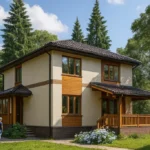 Проект дома «Н-176» из СИП-панелей, 176 м² — двухэтажный дом с бежевым фасадом, коричневой крышей и террасой | HotWell.KZ