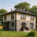 Проект дома «Н-179» из СИП-панелей, 179 м² — двухэтажный дом с бежевым фасадом, серой крышей и террасой | HotWell.KZ