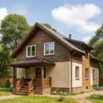 Проект дома «Н-179Б» из СИП-панелей, 179 м² — двухэтажный дом с бежевым фасадом, коричневой крышей и крытым крыльцом | HotWell.KZ