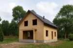 Дом «Н-179Б», 179 м², 1.5 этажа, в черновой отделке: коробка из СИП-панелей OSB-3, двускатная кровля из металлочерепицы, проёмы без окон и дверей, в проёмах видны сосновые балки перекрытия