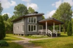Проект дома «Н-180Б» из СИП-панелей, 180 м² — двухэтажный дом с серым фасадом, черной крышей и крытой террасой | HotWell.KZ