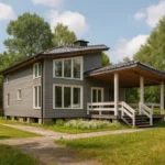Проект дома «Н-180Б» из СИП-панелей, 180 м² — двухэтажный дом с серым фасадом, черной крышей и крытой террасой | HotWell.KZ