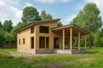 Дом «Н-180Б», 180 м², 1.5 этажа, в черновой отделке: коробка из СИП-панелей OSB-3, двускатная кровля из металлочерепицы, проёмы без окон и дверей, в проёмах видны сосновые балки перекрытия
