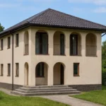 Проект дома «Н-188» из СИП-панелей, 188 м² — двухэтажный дом с бежевым фасадом, черной крышей и арочными окнами | HotWell.KZ