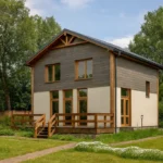 Проект дома «Н-189Б» из СИП-панелей, 189 м² — двухэтажный дом с серым фасадом, черной крышей и террасой | HotWell.KZ