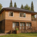 Проект дома «Н-189В» из СИП-панелей, 189 м² — двухэтажный дом с деревянным фасадом, тёмной крышей и балконом | HotWell.KZ