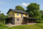 Проект дома «Н-194Б» из СИП-панелей, 194 м² — двухэтажный дом с жёлтым фасадом, серой крышей и террасой | HotWell.KZ