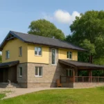 Проект дома «Н-194Б» из СИП-панелей, 194 м² — двухэтажный дом с жёлтым фасадом, серой крышей и террасой | HotWell.KZ