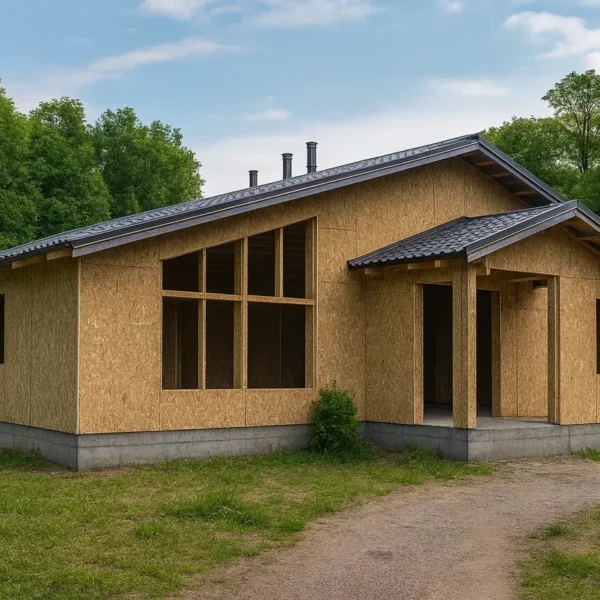 Дом «Н-198», 198 м², 1 этаж, в черновой отделке: коробка из СИП-панелей OSB-3, двускатная кровля из металлочерепицы, проёмы без окон и дверей