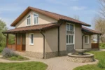 Проект дома «Н-206» из СИП-панелей, 206 м² — двухэтажный дом с бежевым фасадом, коричневой крышей и террасой | HotWell.KZ