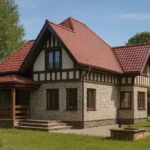 Проект дома «Н-210» из СИП-панелей, 210 м² — двухэтажный дом с каменным фасадом, красной крышей и крытой террасой | HotWell.KZ