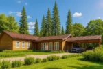 Проект дома «Н-245» из СИП-панелей, 245 м² — одноэтажный дом с деревянным фасадом, коричневой крышей и навесом для машины | HotWell.KZ