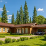 Проект дома «Н-245» из СИП-панелей, 245 м² — одноэтажный дом с деревянным фасадом, коричневой крышей и навесом для машины | HotWell.KZ