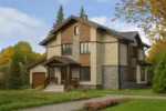 Проект дома «Н-254» из СИП-панелей, 254 м² — двухэтажный дом с бежевым фасадом, коричневой крышей и гаражом | HotWell.KZ