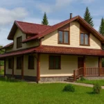 Проект дома «Н-298» из СИП-панелей, 298 м² — двухэтажный дом с бежевым фасадом, красной крышей и крытой террасой | HotWell.KZ