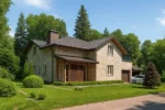 Проект дома «Н-367» из СИП-панелей, 367 м² — двухэтажный дом с бежевым фасадом, серой крышей и гаражом | HotWell.KZ