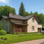 Проект дома «Н-367» из СИП-панелей, 367 м² — двухэтажный дом с бежевым фасадом, серой крышей и гаражом | HotWell.KZ