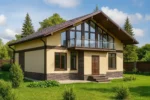 Проект дома «Н-387» из СИП-панелей, 387 м² — двухэтажный дом с бежевым фасадом, коричневой крышей и балконом | HotWell.KZ
