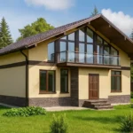 Проект дома «Н-387» из СИП-панелей, 387 м² — двухэтажный дом с бежевым фасадом, коричневой крышей и балконом | HotWell.KZ