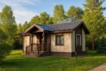 Проект дома «Н-41Б» из СИП-панелей, 41 м² — одноэтажный дом с бежевым фасадом, коричневой крышей и крытым крыльцом | HotWell.KZ