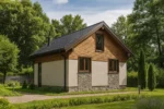 Проект дома «Н-43» из СИП-панелей, 43 м² — двухэтажный дом с бежевым фасадом, черной крышей и деревянной отделкой | HotWell.KZ