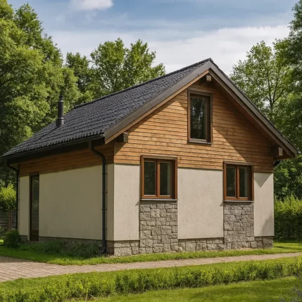 Проект дома «Н-43» из СИП-панелей, 43 м² — двухэтажный дом с бежевым фасадом, черной крышей и деревянной отделкой | HotWell.KZ
