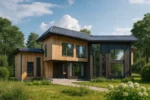 Проект дома «Н-468» из СИП-панелей, 468 м² — двухэтажный дом с деревянным фасадом, черной крышей и панорамными окнами | HotWell.KZ