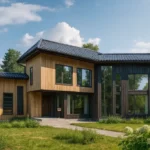 Проект дома «Н-468» из СИП-панелей, 468 м² — двухэтажный дом с деревянным фасадом, черной крышей и панорамными окнами | HotWell.KZ