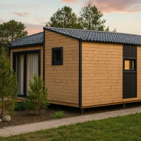 Проект дома «Н-60» из СИП-панелей, 60 м² — одноэтажный дом с деревянным фасадом и серой крышей | HotWell.KZ
