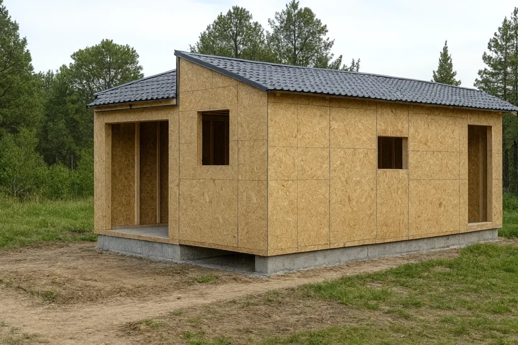 Дом «Н-60», в черновой отделке: коробка из СИП-панелей OSB-3, кровля из металлочерепицы, проёмы без окон и дверей