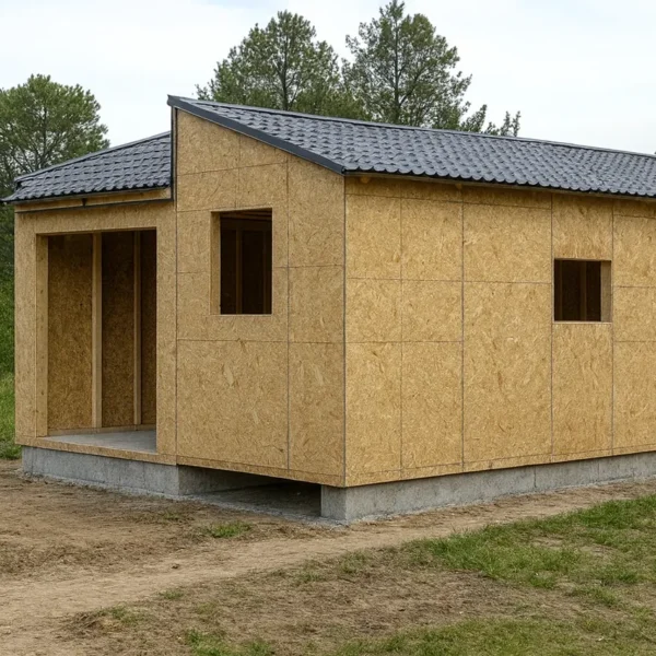 Дом «Н-60», в черновой отделке: коробка из СИП-панелей OSB-3, кровля из металлочерепицы, проёмы без окон и дверей