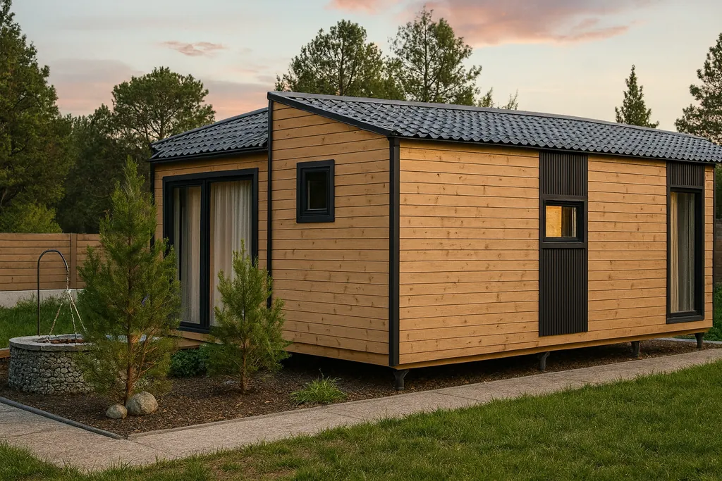 Проект дома «Н-60» из СИП-панелей, 60 м² — одноэтажный дом с деревянным фасадом и серой крышей | HotWell.KZ