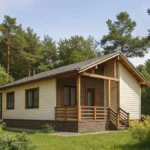 Проект дома «Н-66» из СИП-панелей, 66 м² — одноэтажный дом с бежевым фасадом, серой крышей и крыльцом | HotWell.KZ