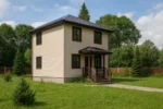 Проект дома «Н-71Б» из СИП-панелей, 71 м² — двухэтажный дом с бежевым фасадом, темной крышей и крыльцом | HotWell.KZ