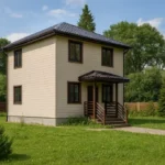 Проект дома «Н-71Б» из СИП-панелей, 71 м² — двухэтажный дом с бежевым фасадом, темной крышей и крыльцом | HotWell.KZ