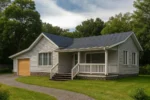 Проект дома «Н-78» из СИП-панелей, 78 м² — одноэтажный дом с серым сайдингом, синей крышей и гаражом | HotWell.KZ