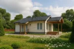 Проект дома «Н-84Б» из СИП-панелей, 84 м² — одноэтажный дом с бежевым фасадом, черной крышей и крытой террасой | HotWell.KZ