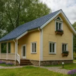 Проект дома «Н-84В» из СИП-панелей, 84 м² — двухэтажный дом с жёлтым фасадом, синей крышей и террасой | HotWell.KZ