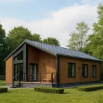 Проект дома «Н-85» из СИП-панелей, 85 м² — одноэтажный дом с деревянным фасадом, серой крышей и террасой | HotWell.KZ
