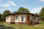 Проект дома «Н-94» из СИП-панелей, 94 м² — одноэтажный дом с бежевым фасадом, коричневой крышей и деревянным крыльцом | HotWell.KZ